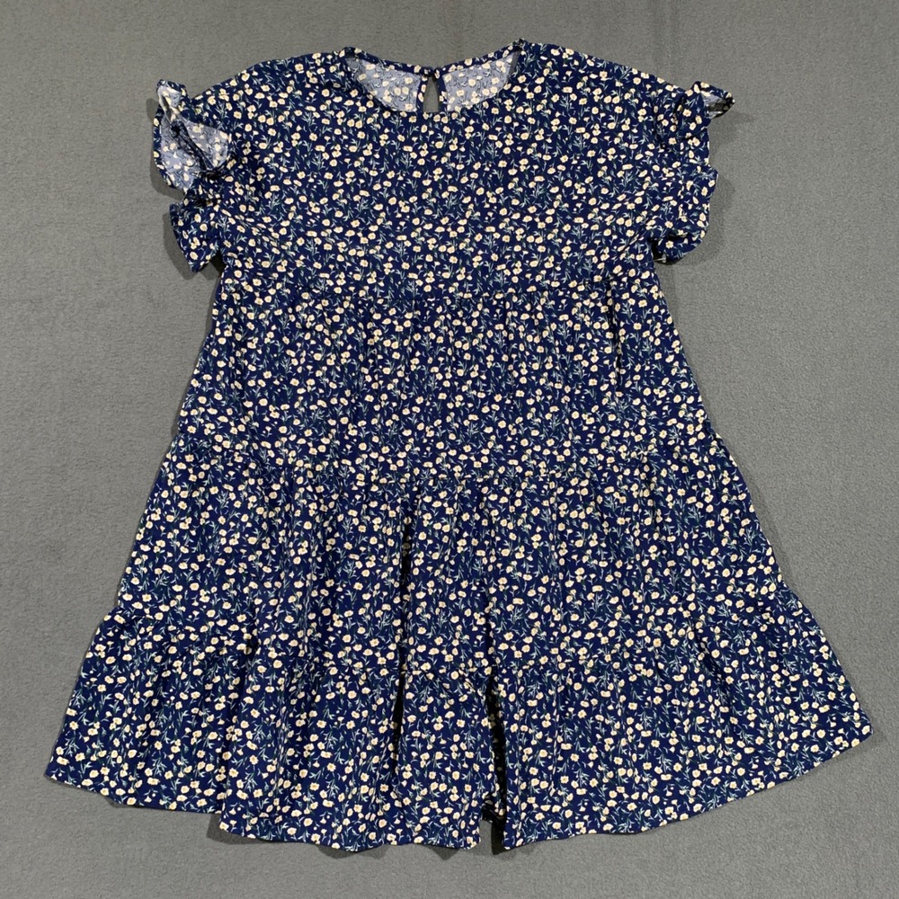 Cottagecore Babydoll Dress Medium Navy‎ Floral Ruffle Sleeve Tiered Micro Flower